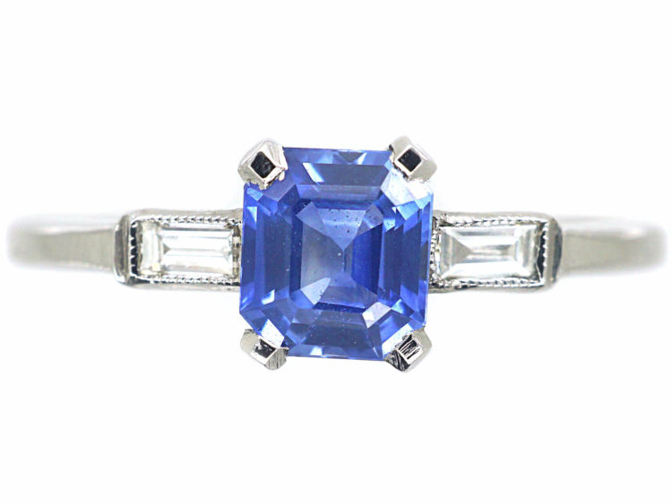 Platinum, Rectangular Sapphire & Baguette Diamond Ring