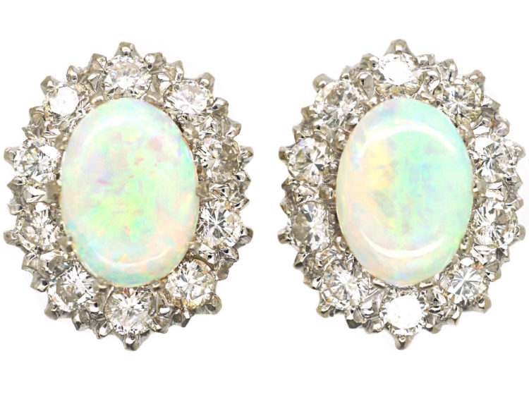 18ct White & Yellow Gold, Opal & Diamond Oval Cluster Earrings