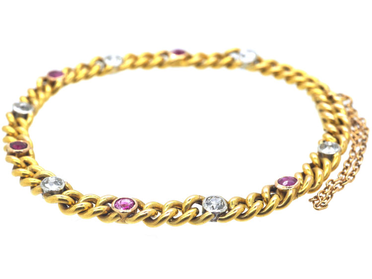 French 18ct Gold, Ruby & Diamond Curb Link Bracelet