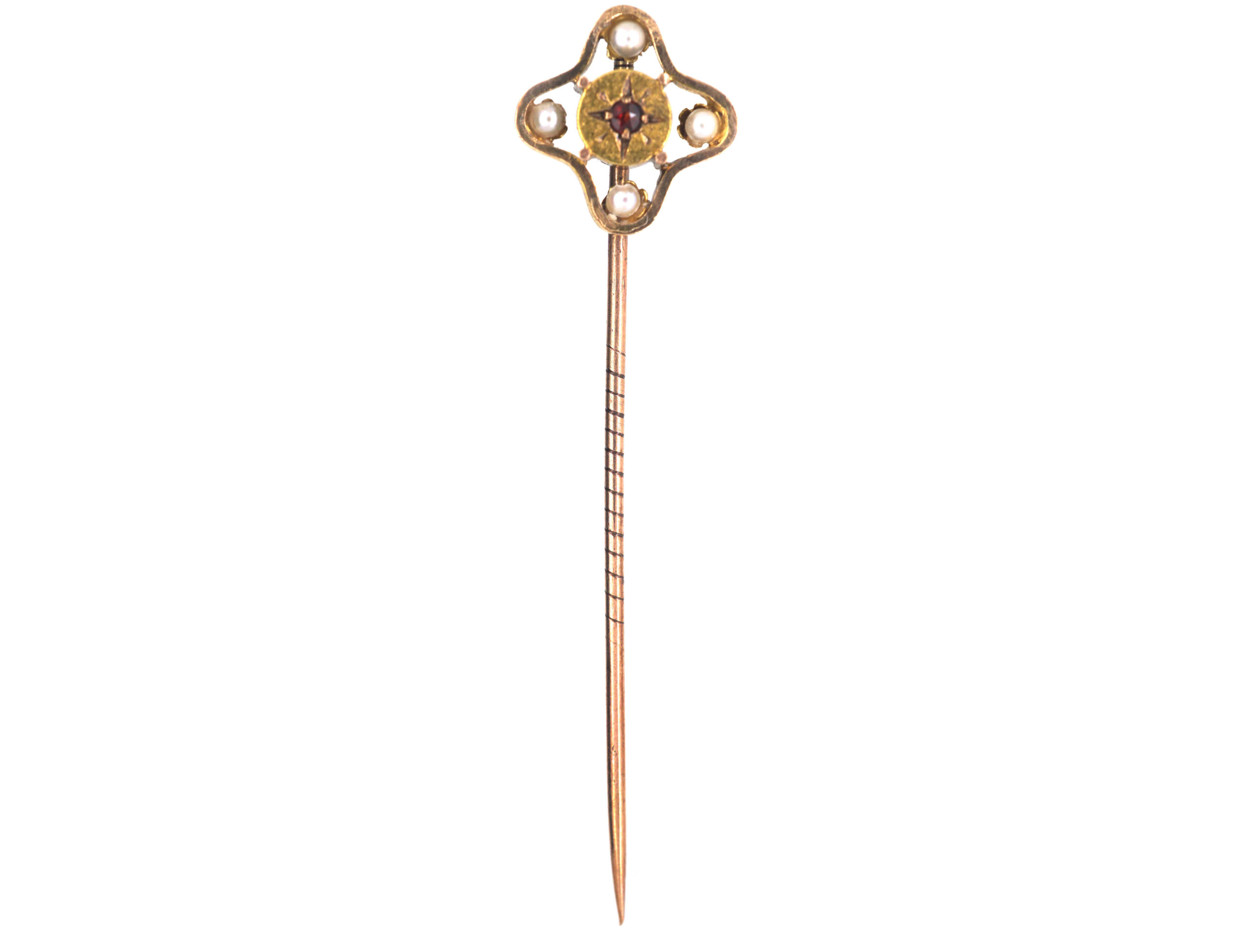 Edwardian 15ct Gold Tie Pin set with a Garnet & Four Natural Pearls (13 ...