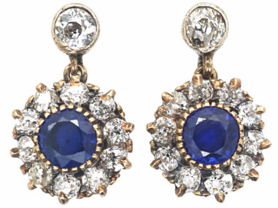 Edwardian Sapphire & Diamond Cluster Drop Earrings