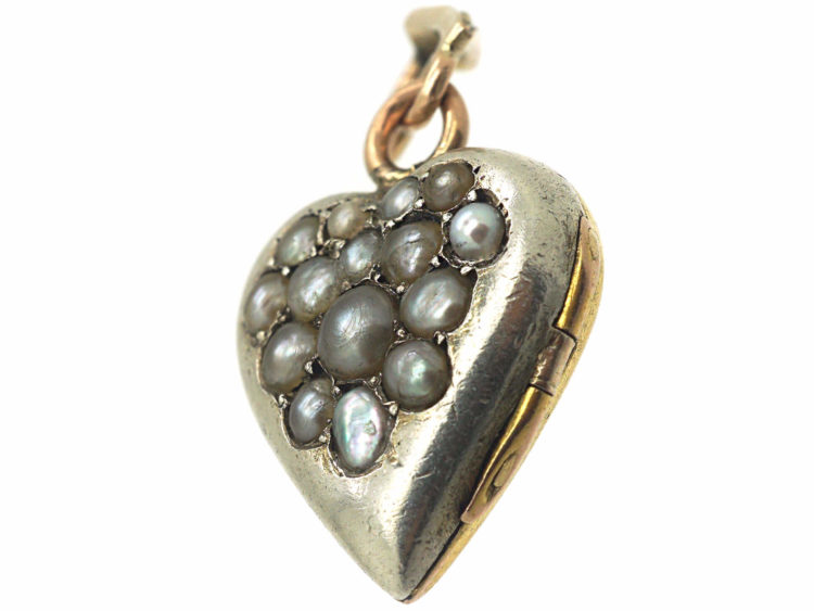 Edwardian 15ct White & Yellow Gold Heart Shaped Locket Set with Natural Split Pearls in a Grape Design