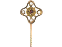 Edwardian 15ct Gold Tie Pin set with a Garnet & Four Natural Pearls