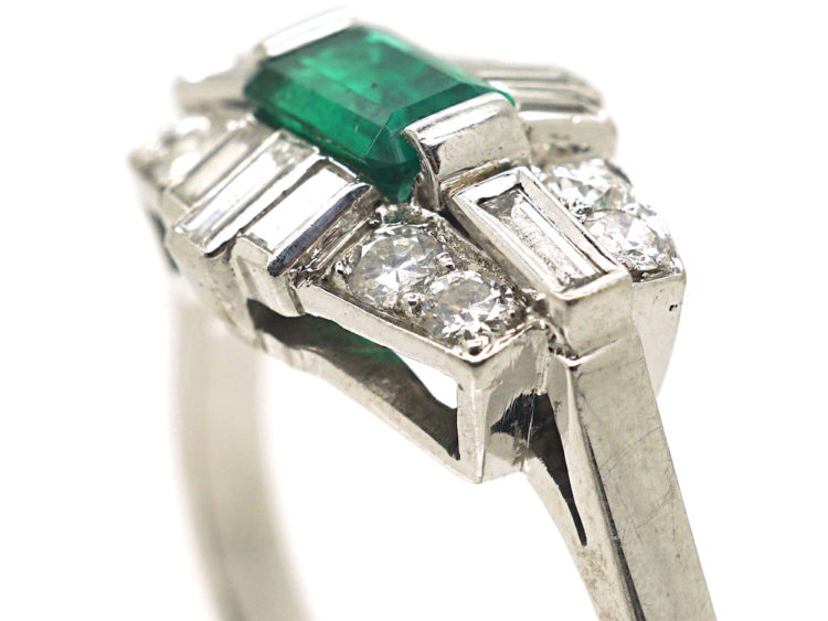Art Deco Style 18ct White Gold, Emerald & Diamond Ring