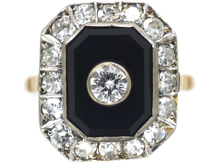 Art Deco 18ct Gold & Platinum, Onyx & Diamond Octagonal Shaped Ring