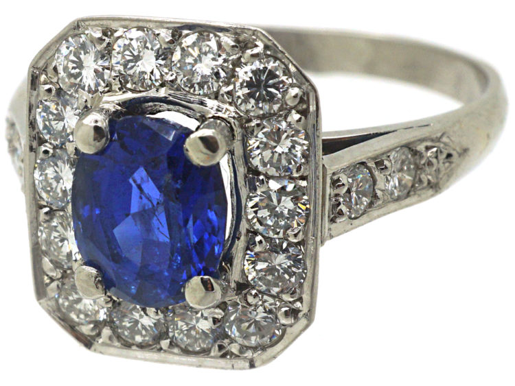 French Art Deco Platinum, Sapphire & Diamond Rectangular Shaped Ring