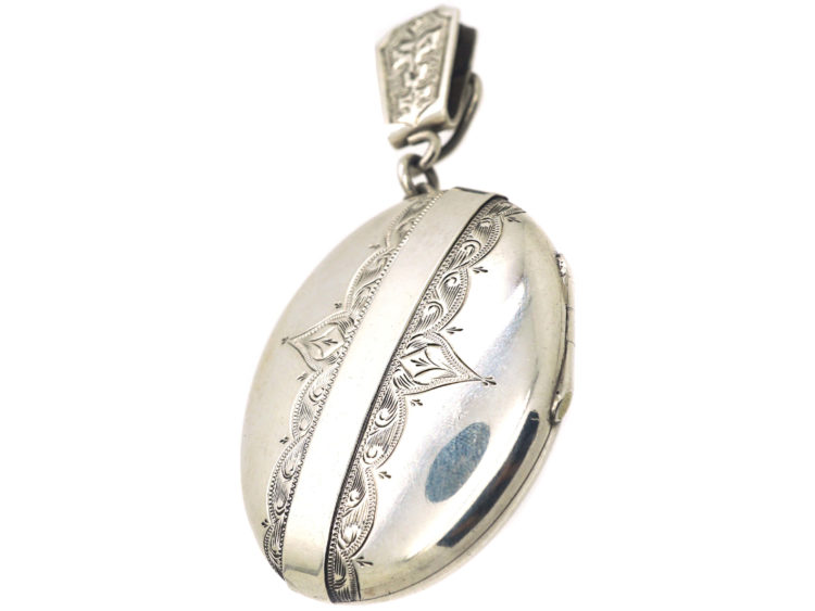 Victorian Silver Engraved Oval Locket with Engraved Loop