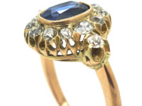 Edwardian 18ct Gold Sapphire & Diamond Cluster Ring with Diamond Set Shoulders