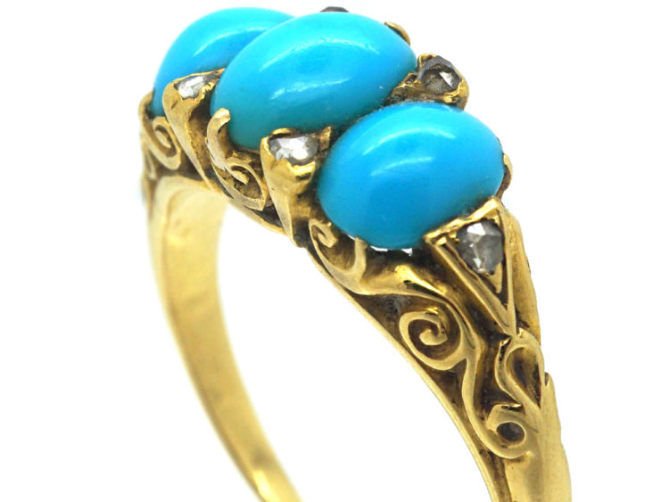 Victorian 18ct Gold Three Stone Turquoise & Rose diamond Ring