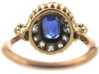 Edwardian 18ct Gold Sapphire & Diamond Cluster Ring with Diamond Set Shoulders