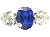 Art Deco 18ct White Gold, Three Stone Sapphire & Diamond Ring