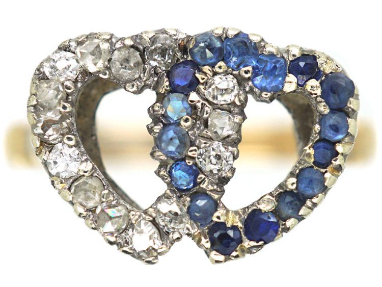 Edwardian 18ct Gold, Sapphire & Rose Diamond Entwined Double Heart Ring