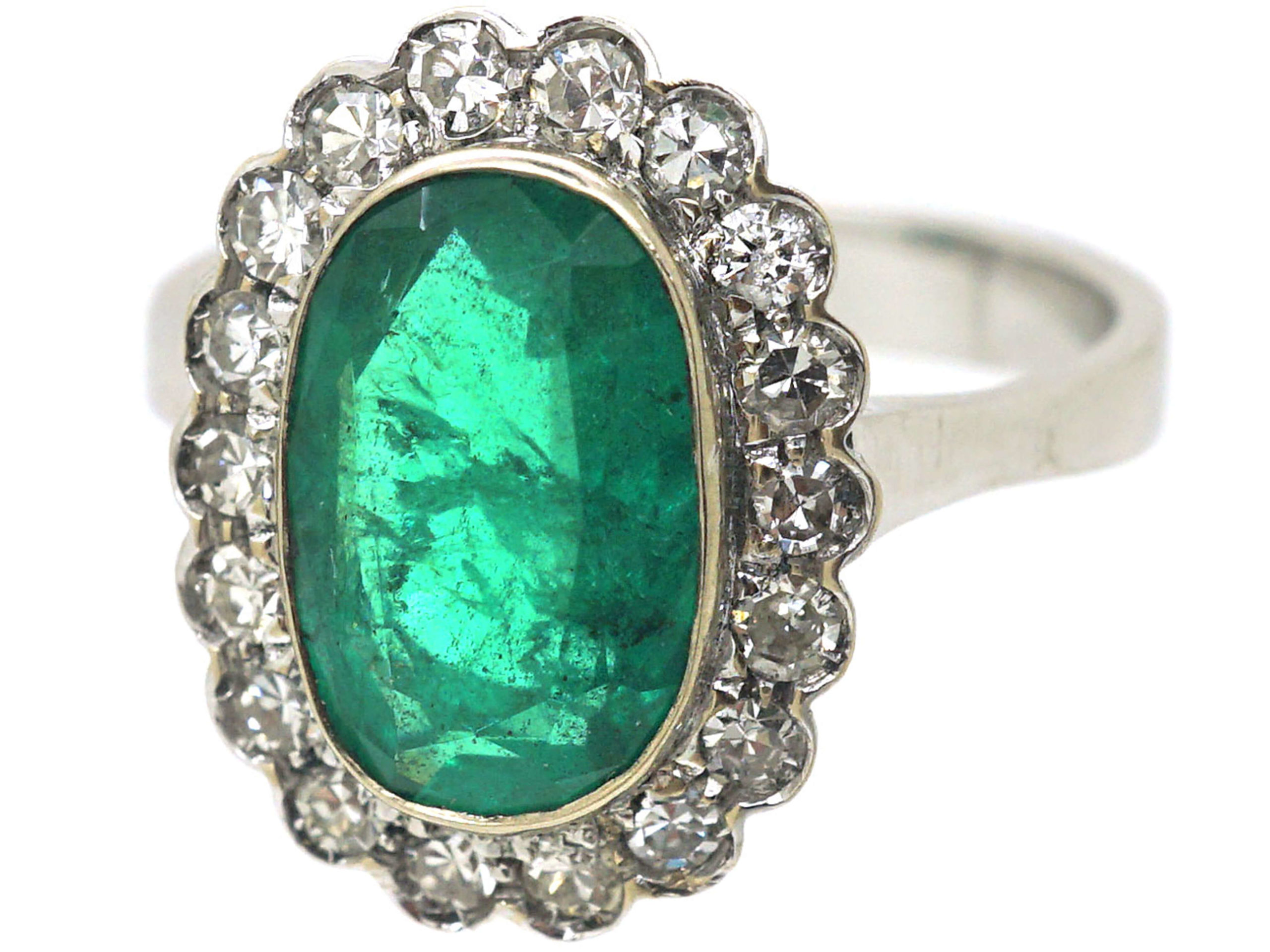 18ct White Gold Emerald & Diamond Oval Shaped Ring (942N) | The Antique ...
