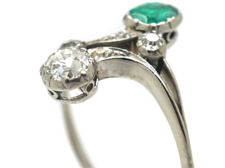 Art Nouveau Emerald & Diamond Cross Over Ring