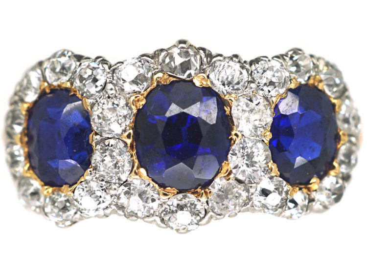 Edwardian 18ct Gold, Sapphire & Diamond Triple Cluster Ring