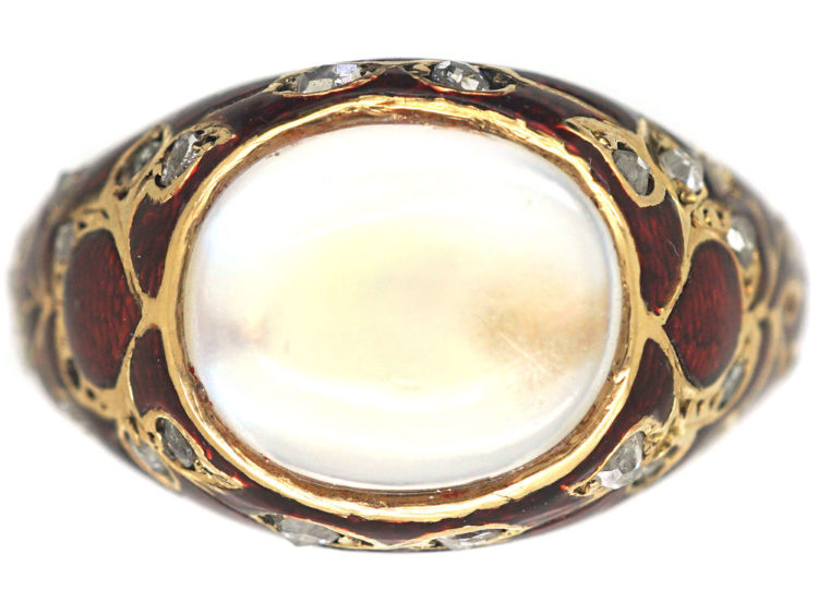 Edwardian 18ct Gold, Moonstone, Enamel & Rose Diamond Ring