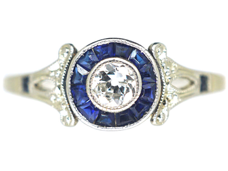Art Deco 14ct White Gold, Sapphire & Diamond Target Ring
