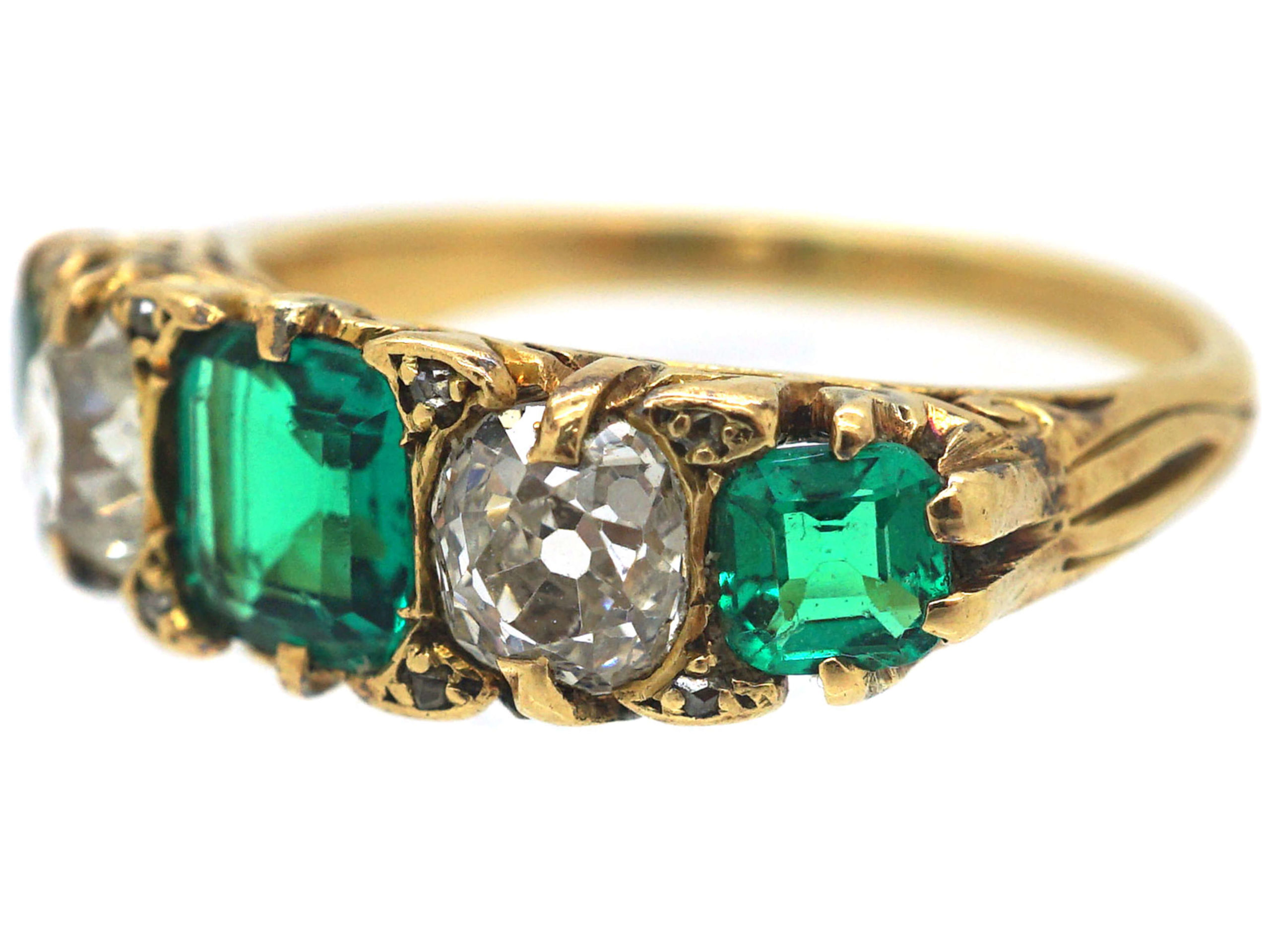 Victorian 18ct Gold, Columbian Emerald & Diamond Five Stone Carved Half ...