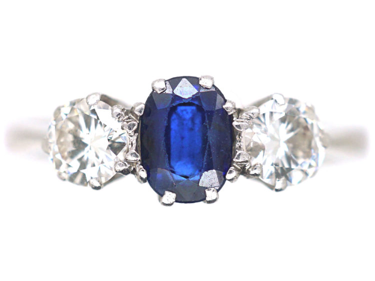 Art Deco 18ct White Gold, Sapphire & Diamond Three Stone Ring