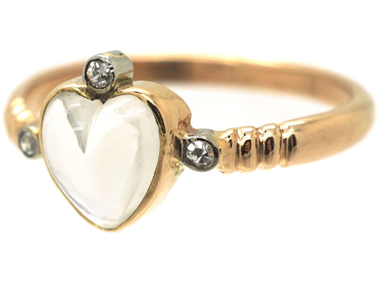 Edwardian 15ct Gold, Moonstone & Diamond Heart Shaped Ring