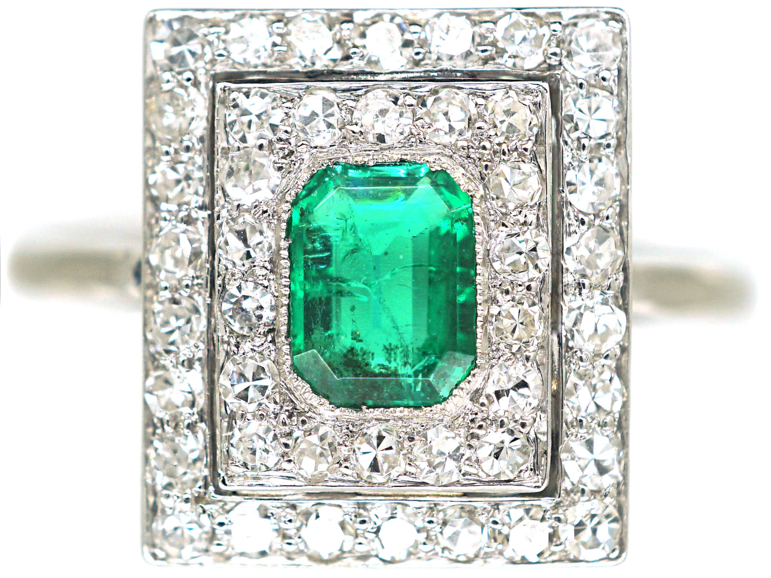 Art Deco 18ct White Gold, Emerald & Diamond Rectangular Ring (949N ...