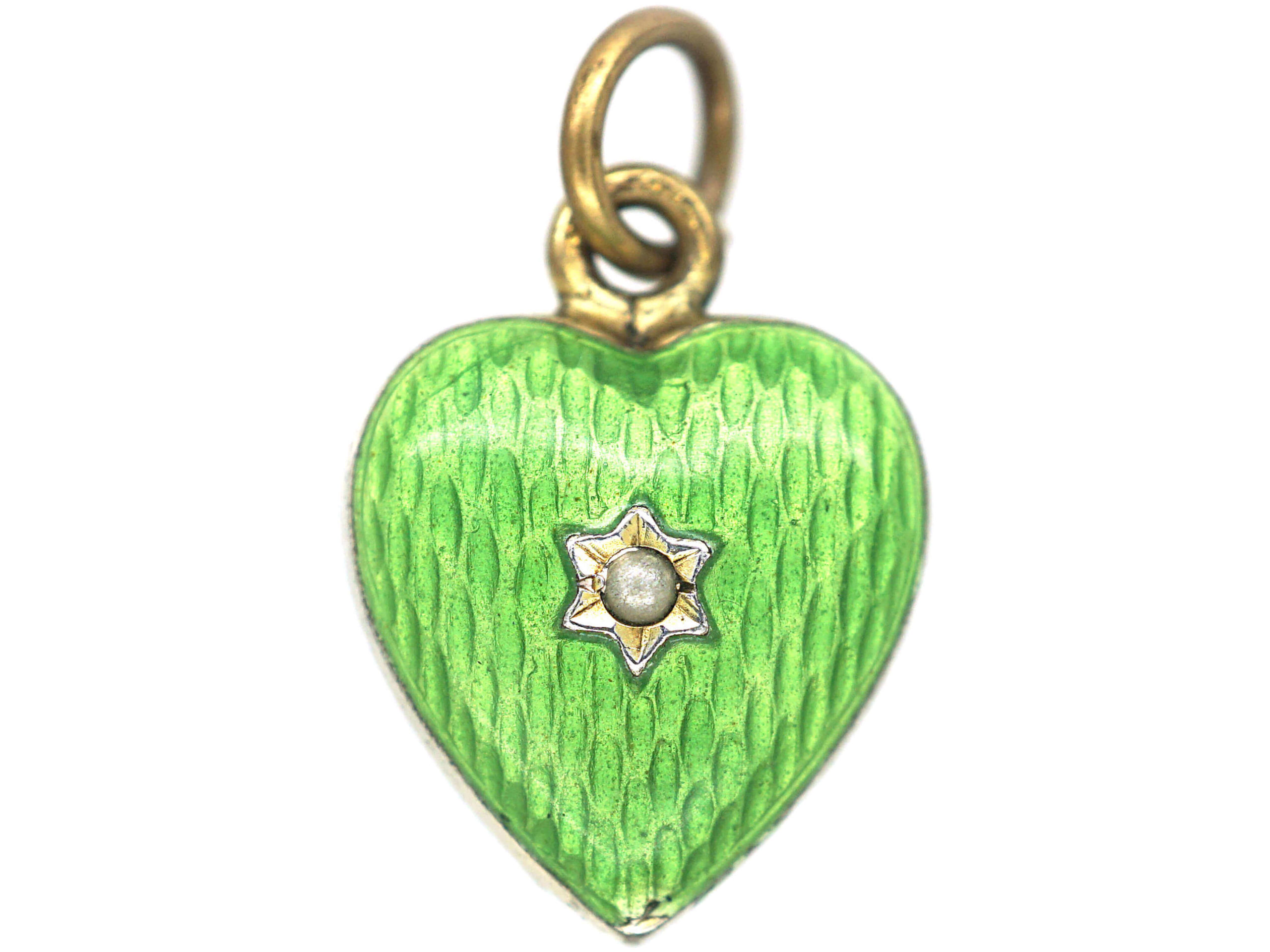 Edwardian Silver Gilt & Green Enamel Heart Shaped Pendant set with a