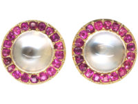 Edwardian 14ct Gold Moonstone & Ruby Round Stud Earrings