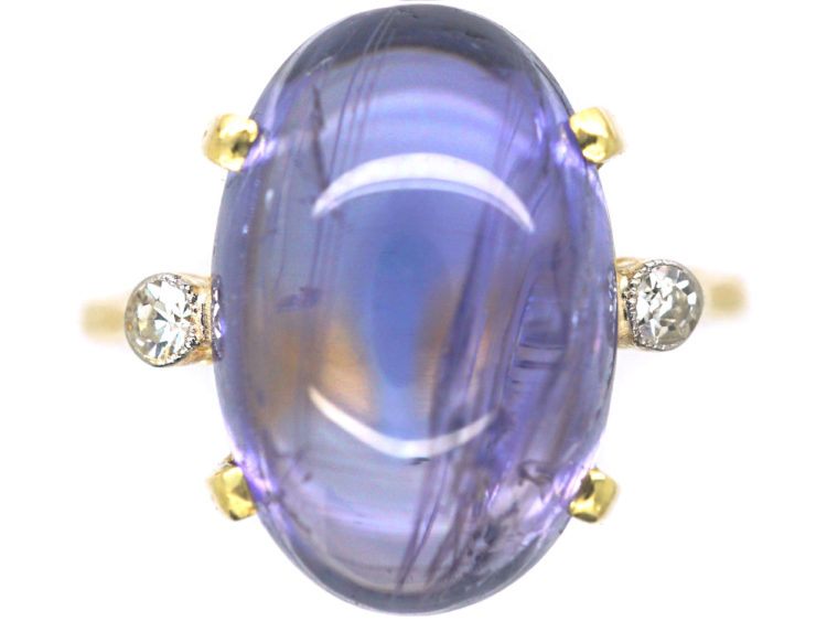 Art Deco 18ct Gold Large Cabochon Sapphire Ring with Diamond Set Shoulders