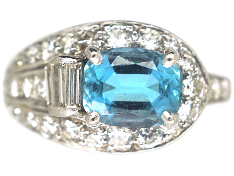 Art Deco Platinum, Aquamarine & Diamond Wrap Over Buckle Design Ring