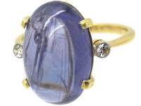 Art Deco 18ct Gold Large Cabochon Sapphire Ring with Diamond Set Shoulders