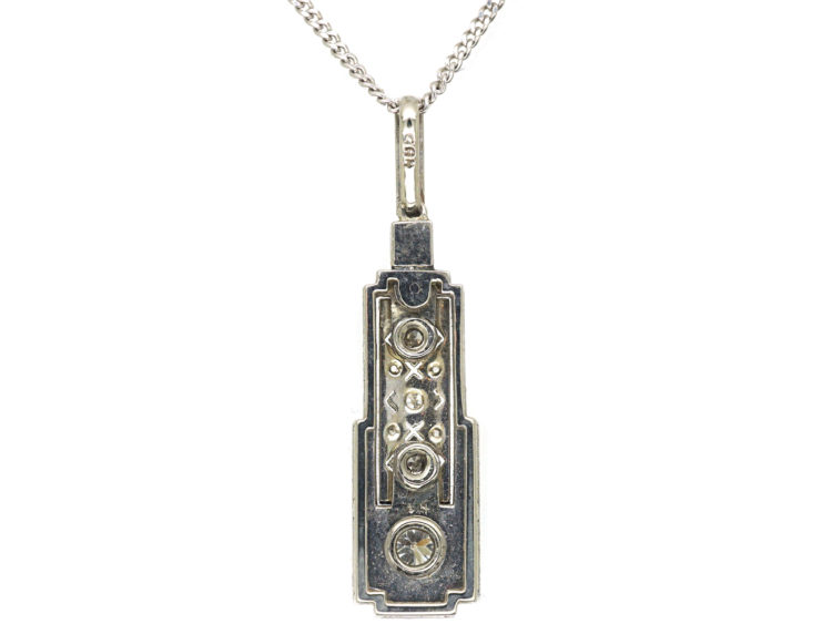 Art Deco 14ct White Gold, Diamond & Onyx Pendant on a Chain