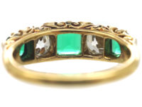 Victorian 18ct Gold, Colombian Emerald & Diamond Five Stone Carved Half Hoop Ring