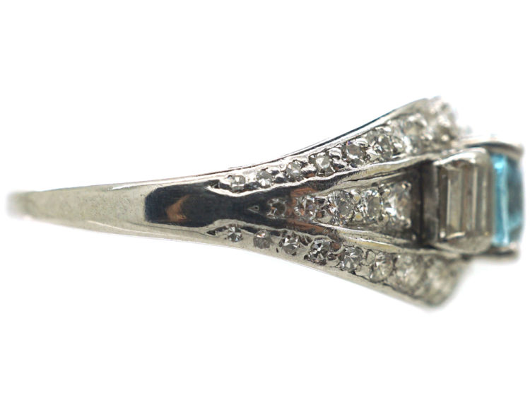 Art Deco Platinum, Aquamarine & Diamond Wrap Over Buckle Design Ring
