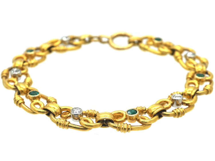 French Belle Epoque 18ct Gold Diamond & Emerald Bracelet
