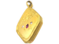 Edwardian 14ct Gold Locket set with a Ruby & Two Natural Split Pearls