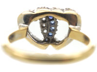 Edwardian 18ct Gold, Sapphire & Rose Diamond Entwined Double Heart Ring