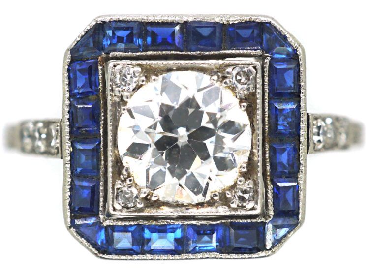 Art Deco Platinum, Sapphire & Diamond Square Ring