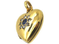 Edwardian 15ct Gold Heart Shaped Locket with Flower Motif set with a Sapphire & Diamonds