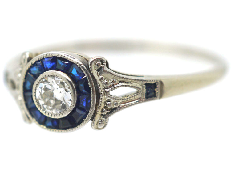 Art Deco 14ct White Gold, Sapphire & Diamond Target Ring