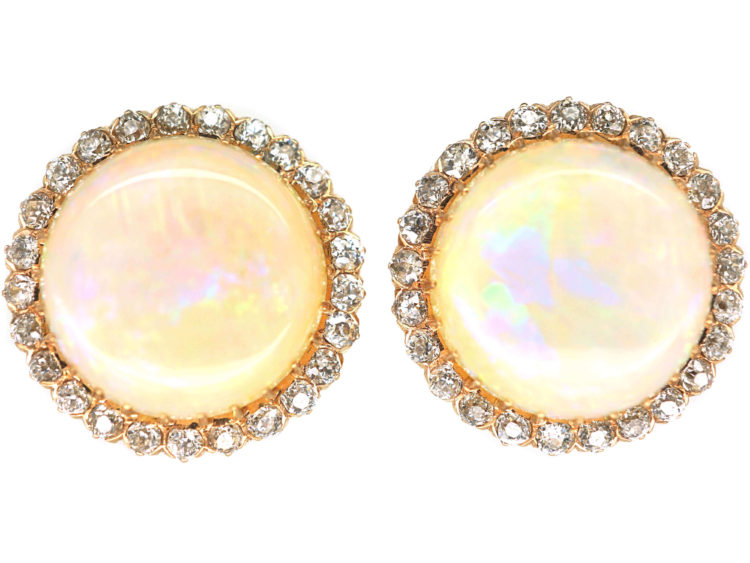 Art Deco Large 18ct Gold Diamond & Opal Earrings
