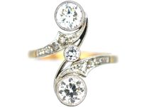 French 18ct Gold & Platinum Art Nouveau Two Stone Diamond Ring