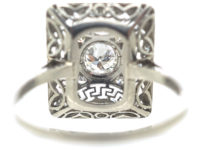 Art Deco Rectangular Platinum & Diamond Ring with Key Design Detail