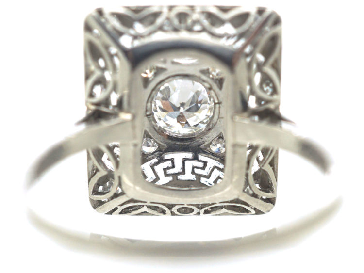 Art Deco Rectangular Platinum & Diamond Ring with Key Design Detail