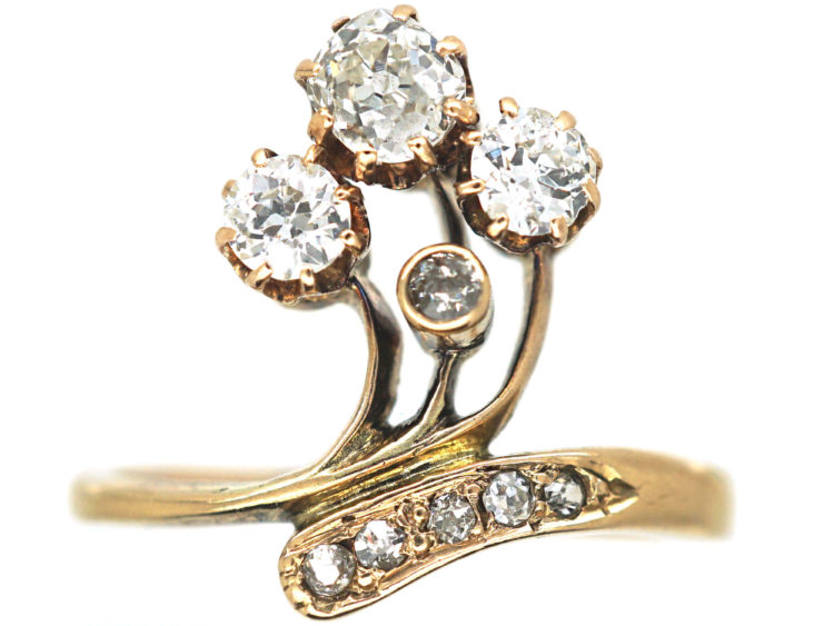 Art Nouveau 18ct Gold & Diamond Flower Spray Ring