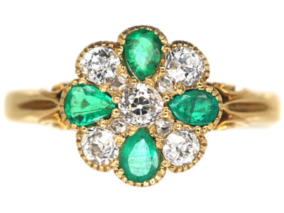 Edwardian 18ct Gold, Emerald & Diamond Cluster Ring