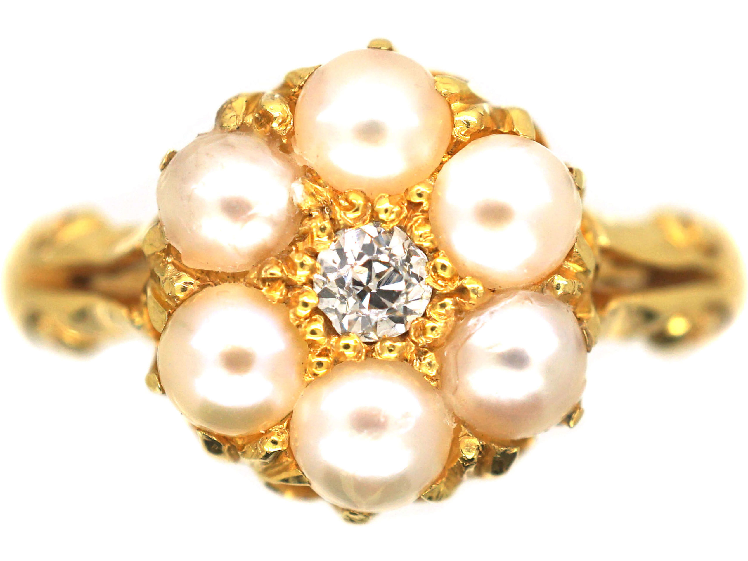 Bague Ancienne En Or 18k Avec Perle Et Diamants - Motif Floral En Cluster - Taille 55