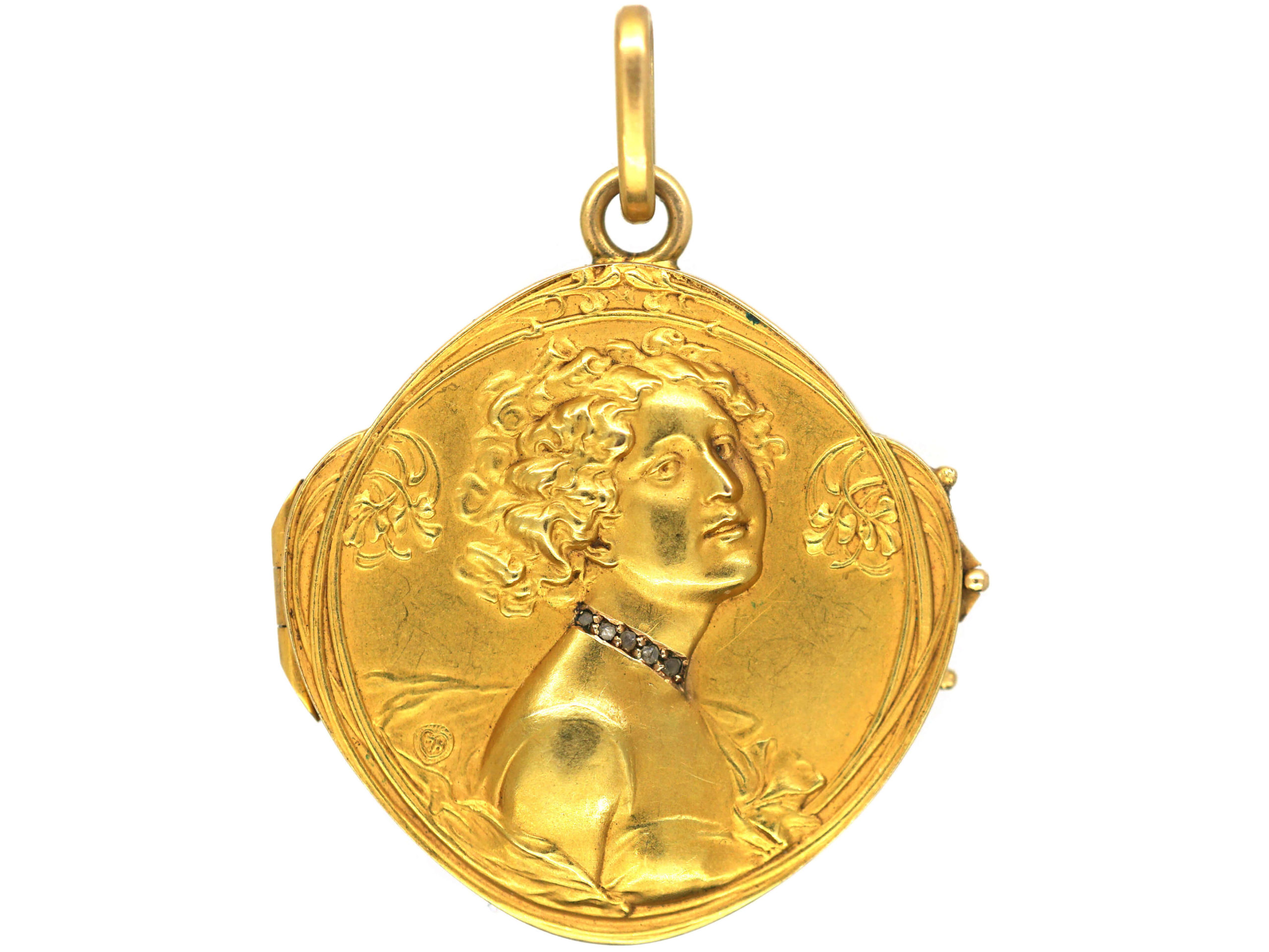 Art Nouveau 18ct Gold & Diamond Locket with Lady with Flowing Hair (31P ...