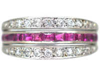 Art Deco 18ct White Gold Sapphire, Diamond & Ruby Flip over Ring