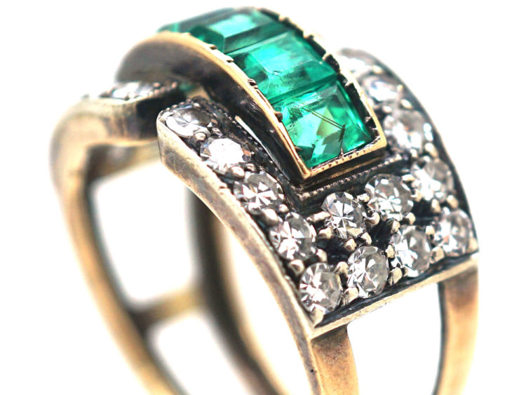 Art Deco 14ct Gold Emerald & Diamond Buckle Ring