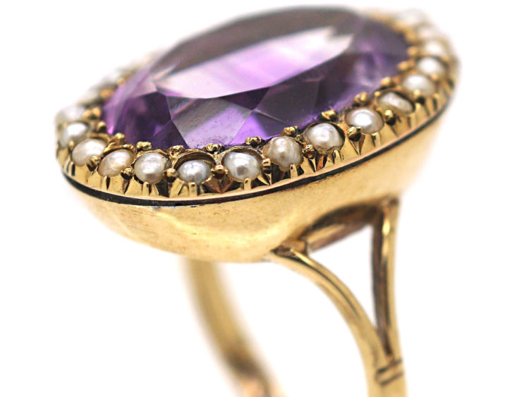 Large 15ct Gold Amethyst & Natural Split Pearl Ring